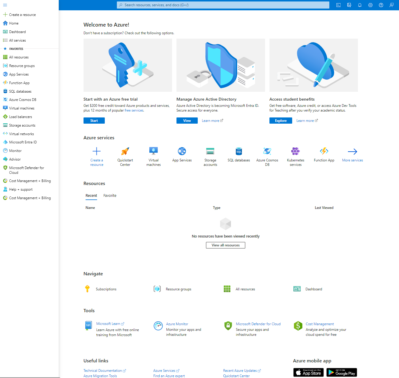 Azure start screen