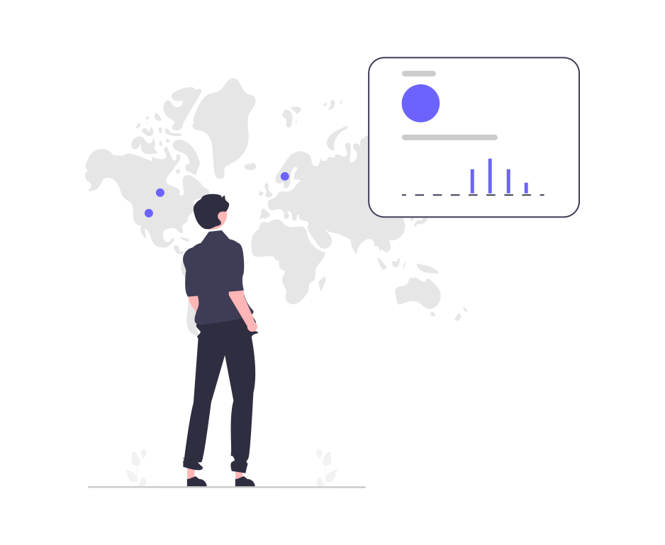 Person looking at world map and dashboard with data