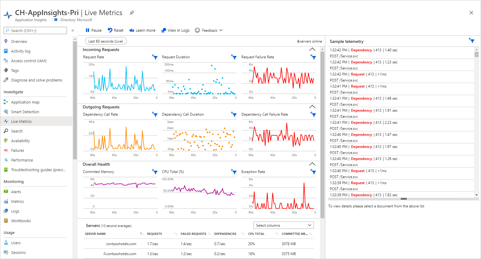Screenshot of live metrics