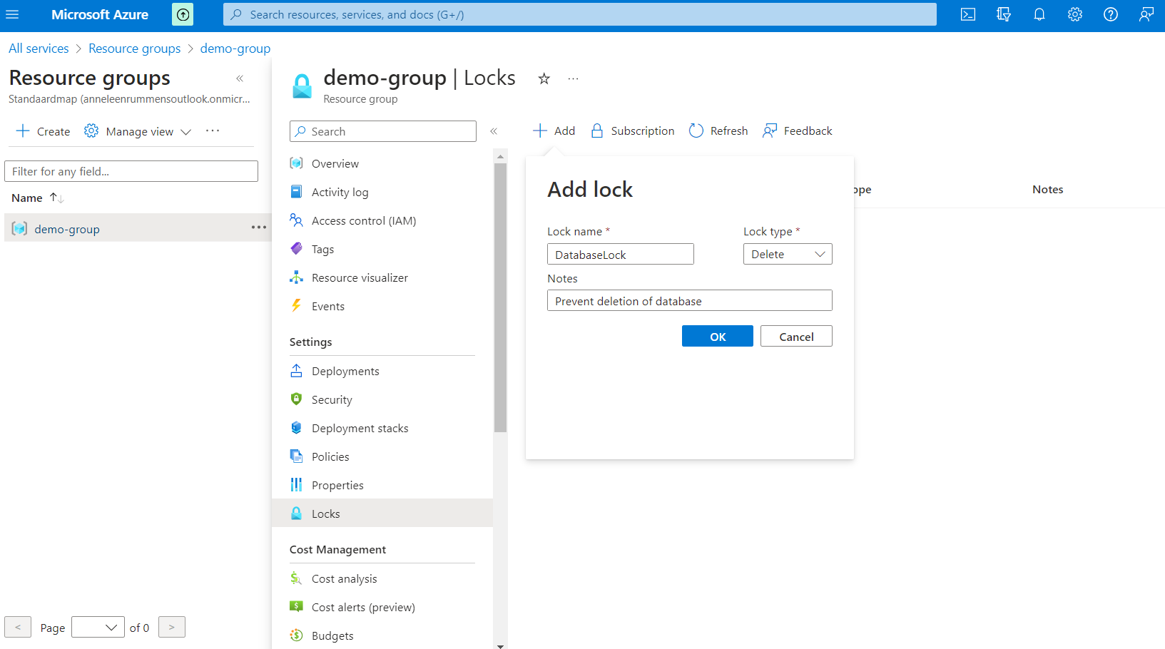 Screenshot of creating a resource lock on a database to prevent deletion