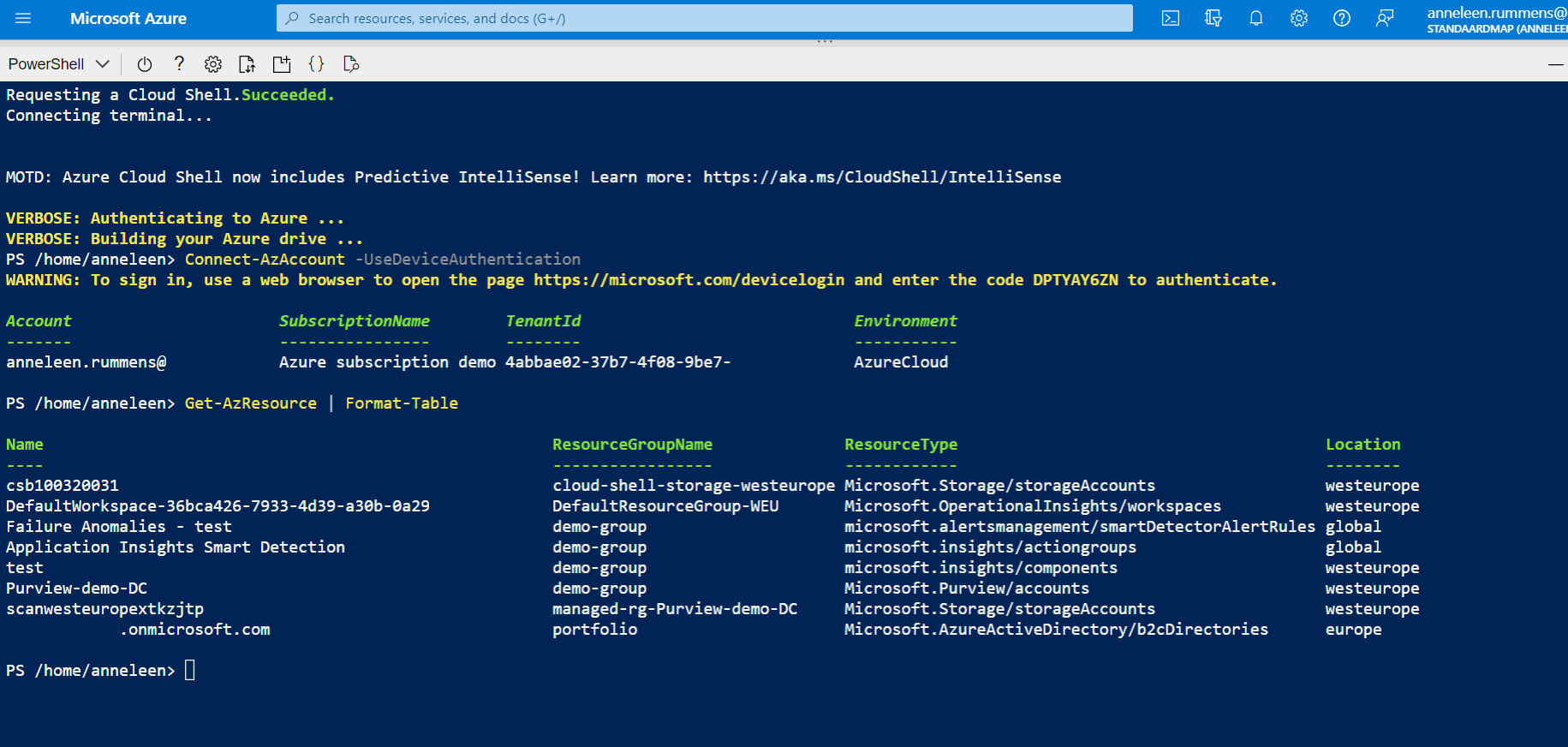 Screenshot of Azure PowerShell