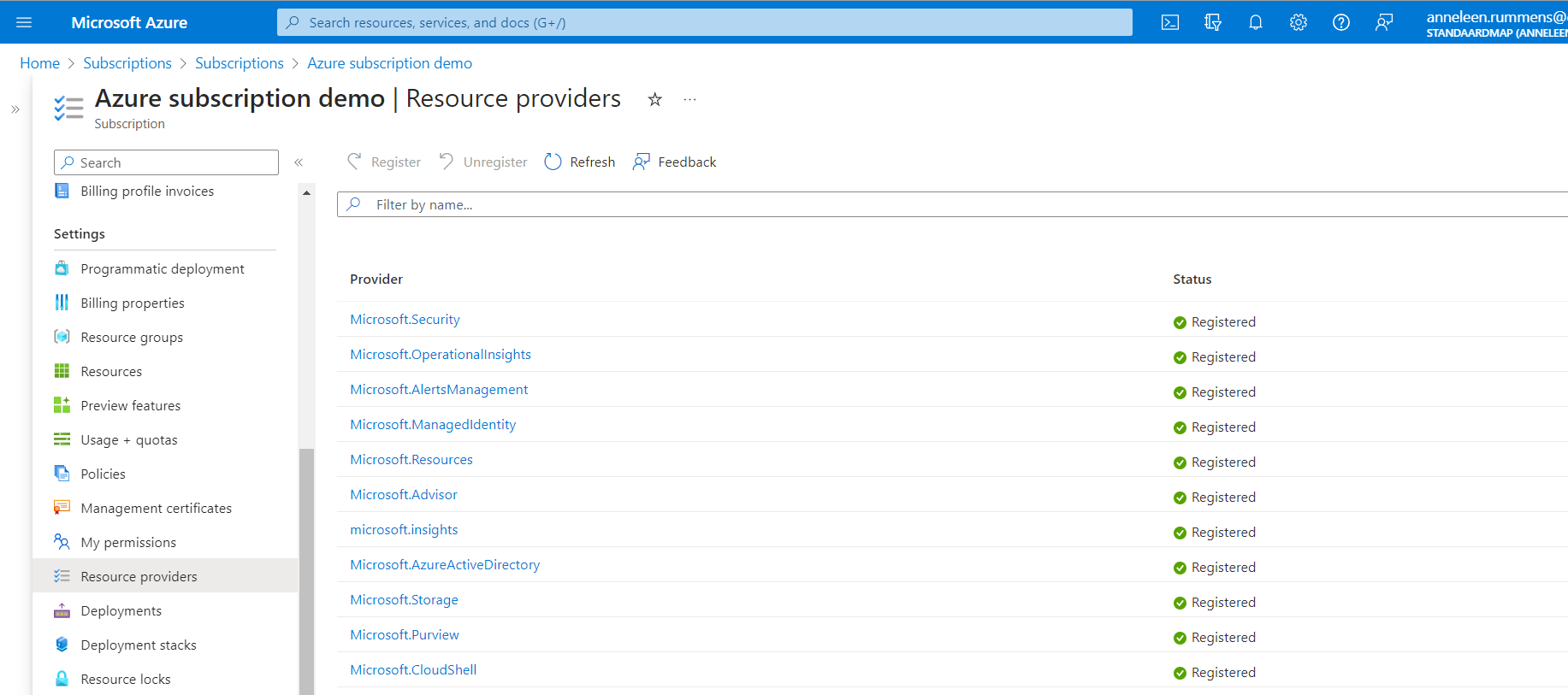 Screenshot of resource providers
