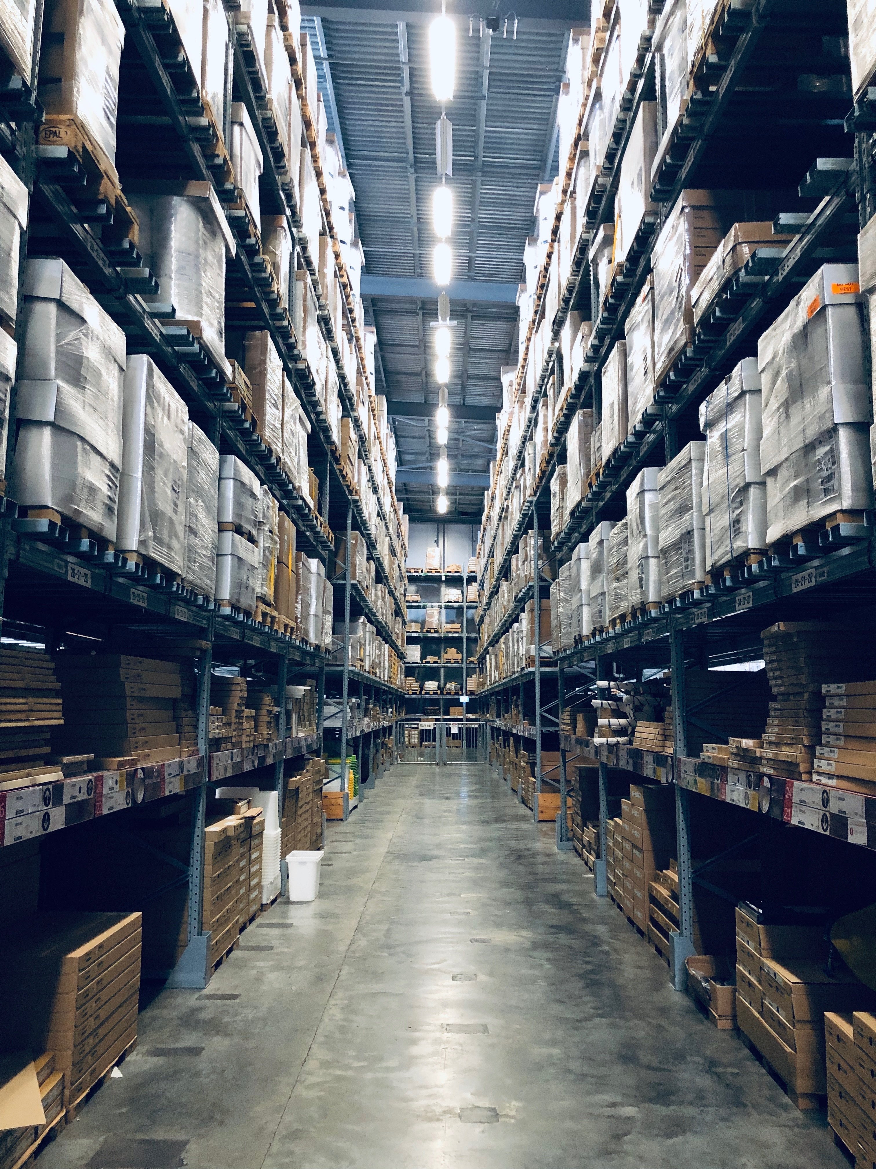 Rows of boxes in a warehouse