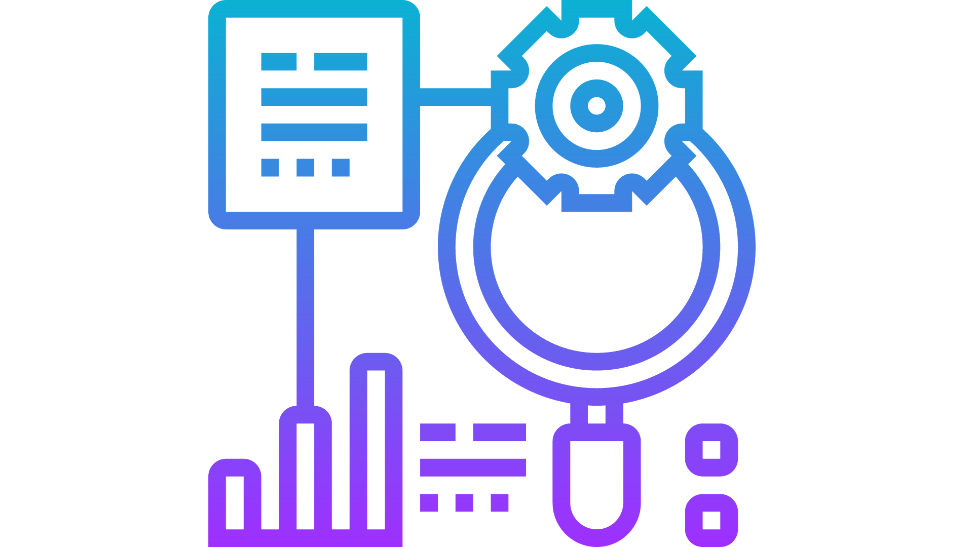 Graphic of a magnifying glass, a gear, and some stats