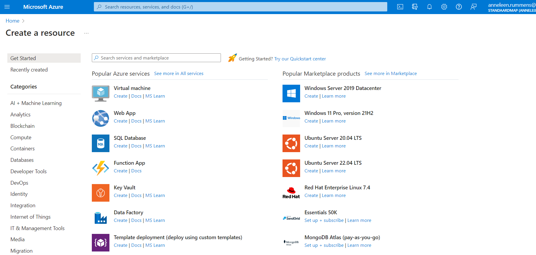 Screenshot of the resource creation process