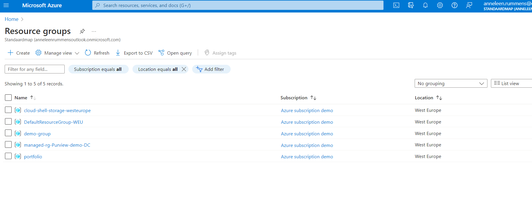 Screenshot of resource groups