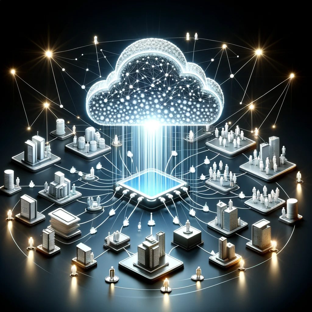 A cloud is shared by different organizations in different buildings.