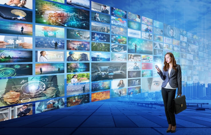 A person uses their mobile device to access files of various types, such as pictures, audio, video, etc.