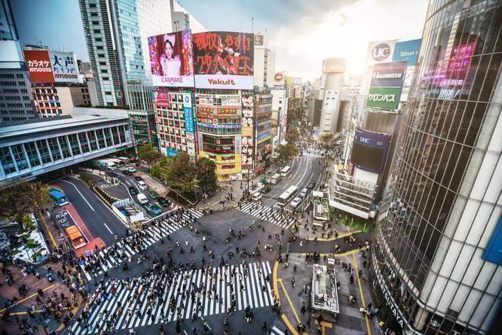 Overhead view of a busy city intersection.