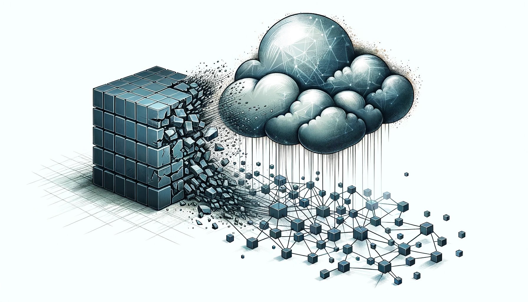A large monolithic cube is broken down into many smaller pieces that are linked together and are placed under a cloud.