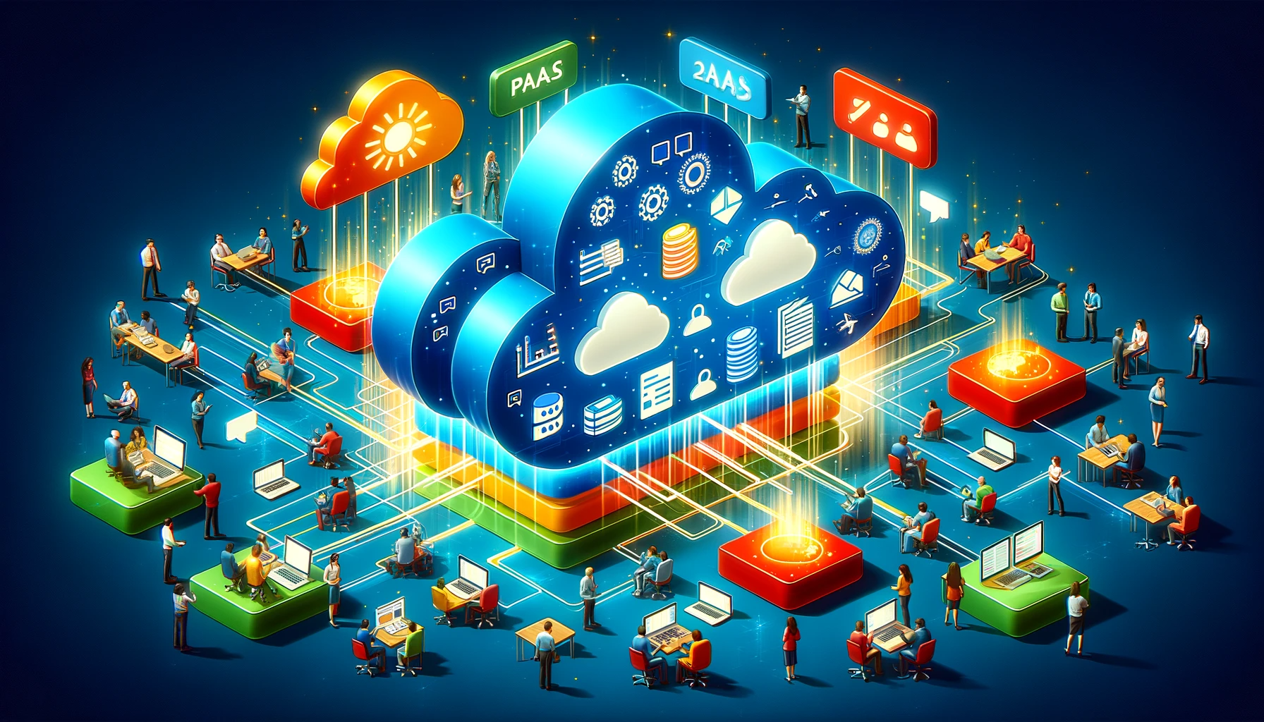 Workers in an organization access a cloud that contains disks, processors as well as software platforms.