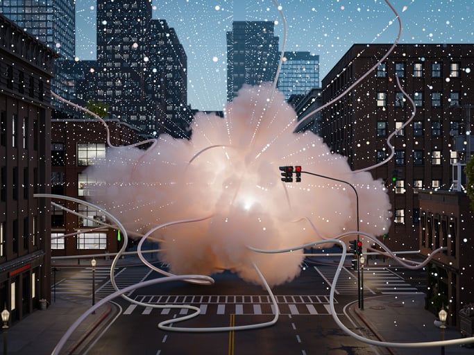 Many wires link different points in a city neighbourhood to a cloud hovering on the street.