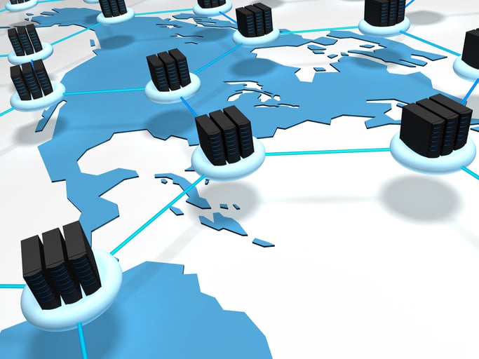 Stacks of hard drives are dotted across the map of USA, all connected to form a network of storage.