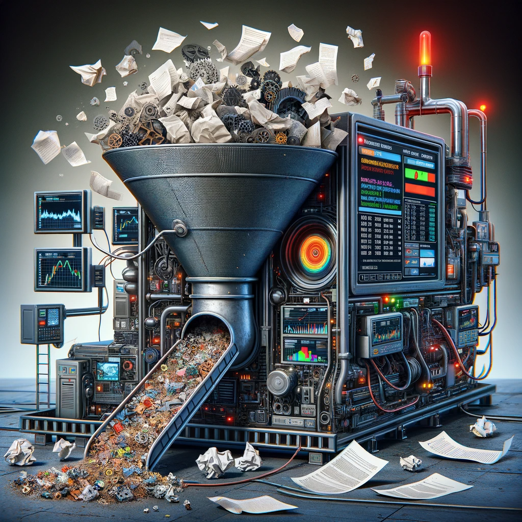 A large machine is being fed copious amounts of junk documents, and it releases garbage.