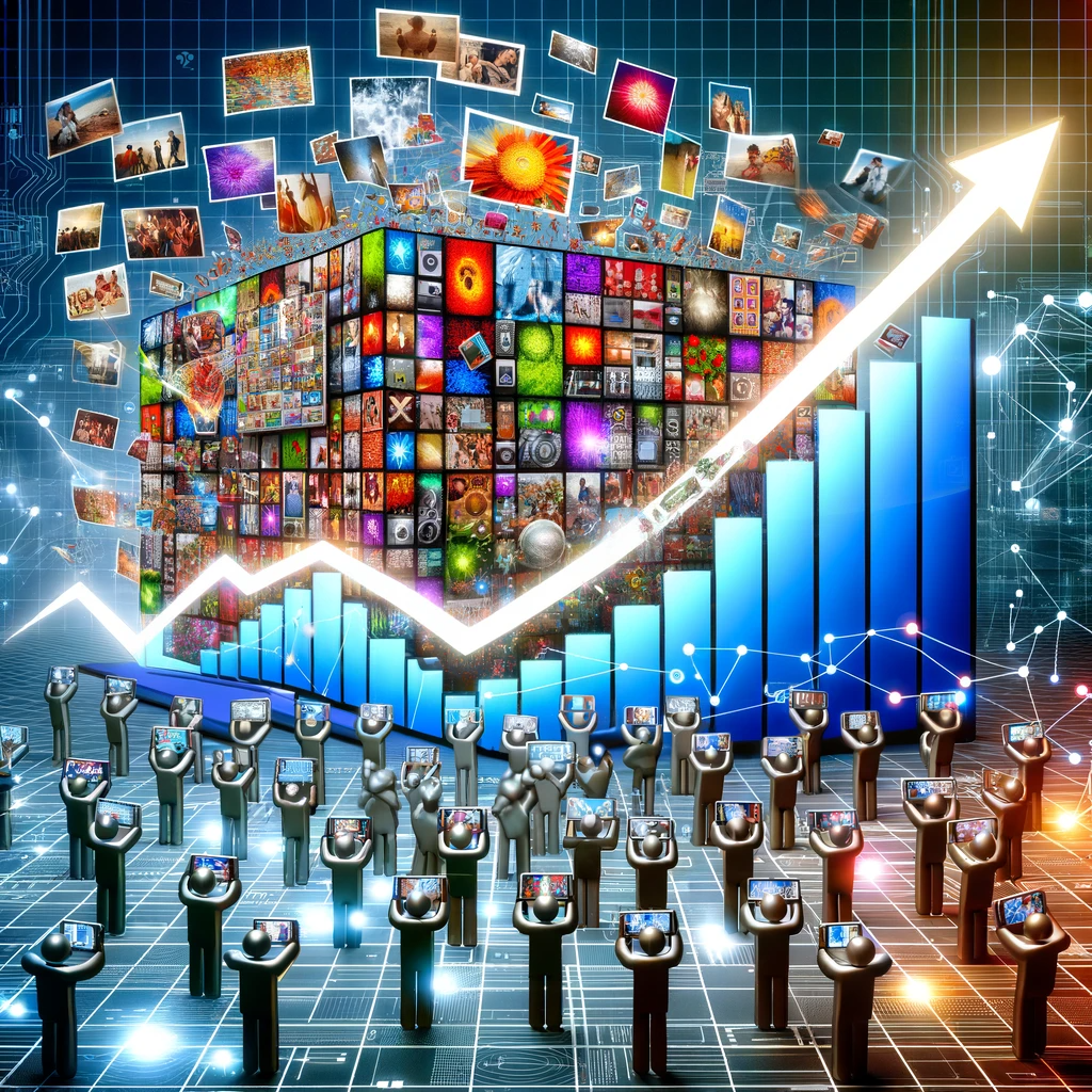 A multitude of users view pictures on an app at the same time, a bar graph shows increasing traffic.