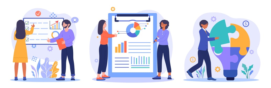 Workers in a team use data to perform different tasks, e.g. writing reports, presenting analyses, and making strategy.