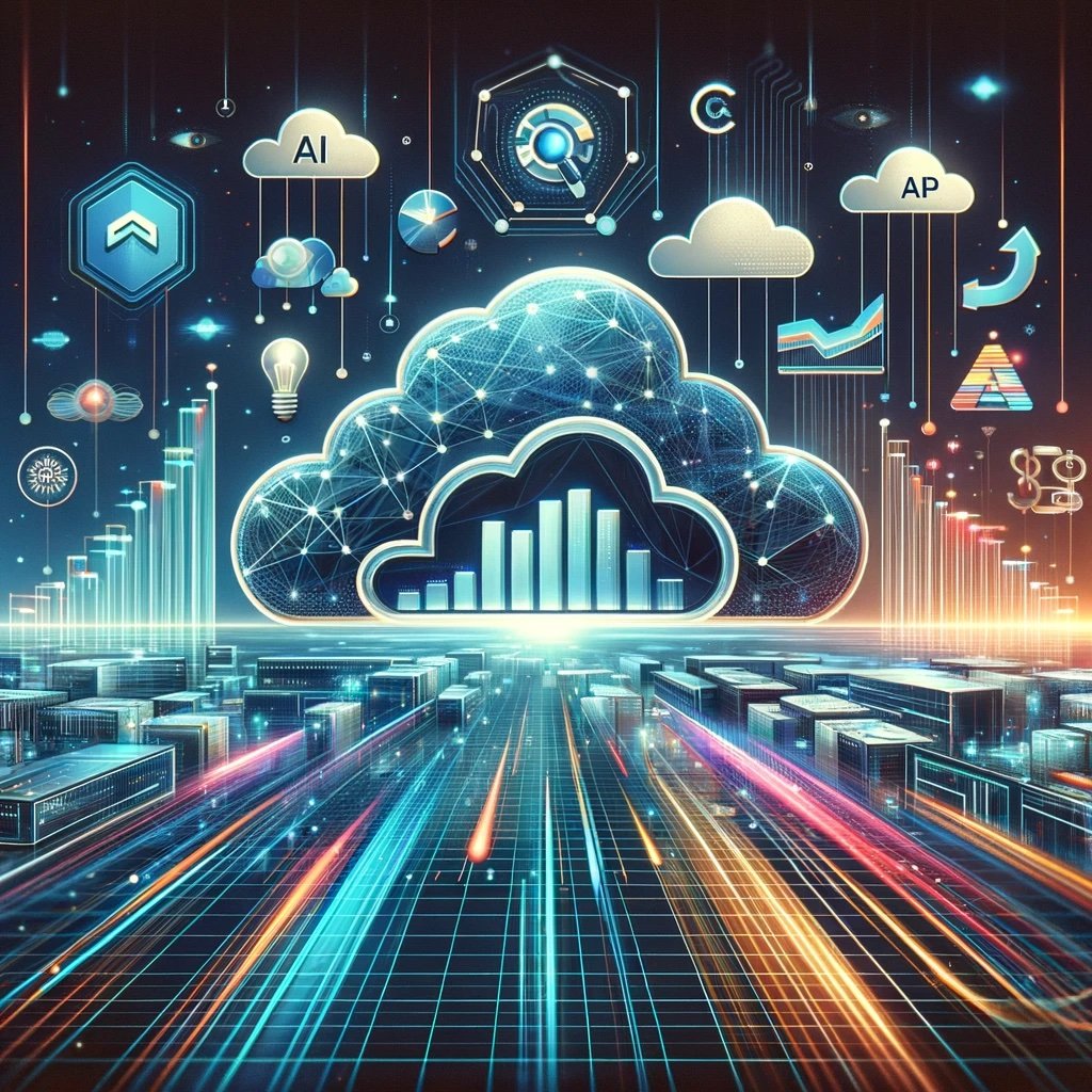 A cloud contains a bar graph and network of nodes, surrounded by other clouds that contain other services.