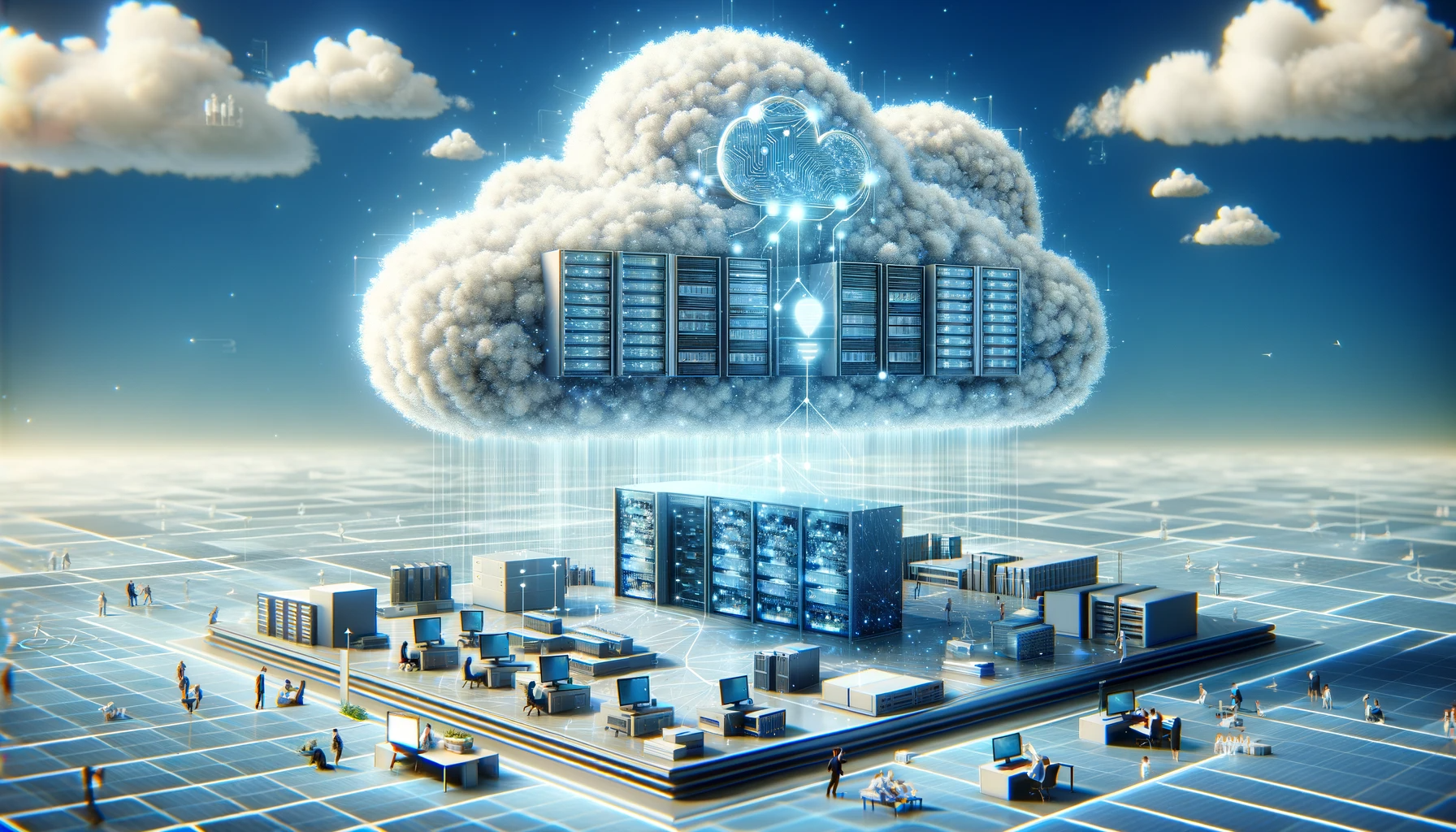 A cloud containing disks and processors hovers over an organizations building.