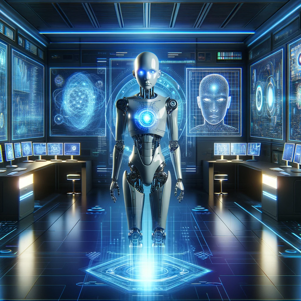 A humanoid robot analyzes data and solves problems.