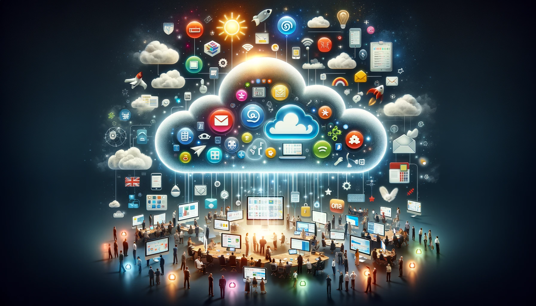Workers in an organization access software applications in a cloud.