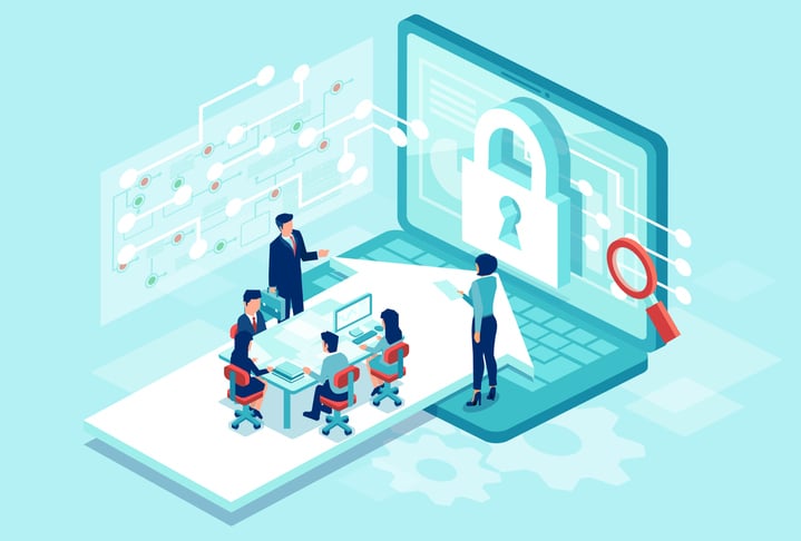 A team works in an office all protected by a central security hub.