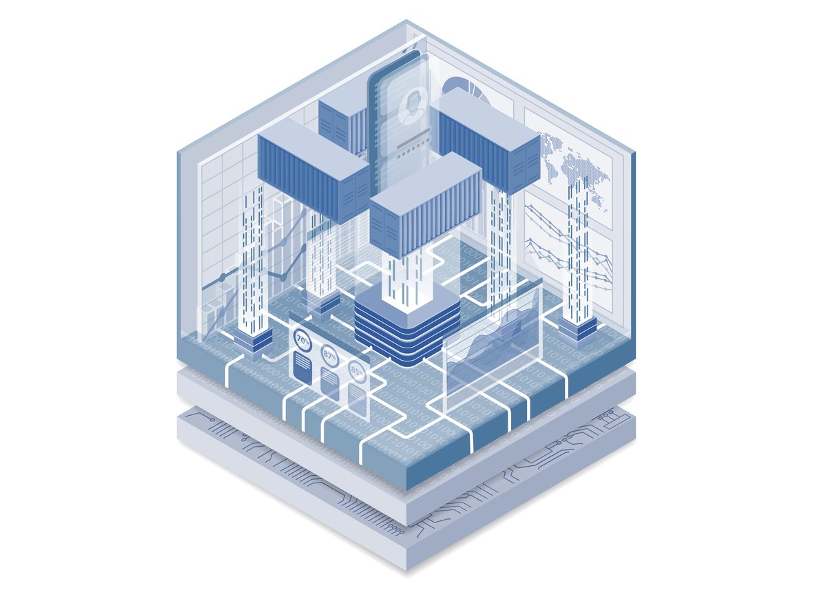 Containers hover around a mobile device running an app.
