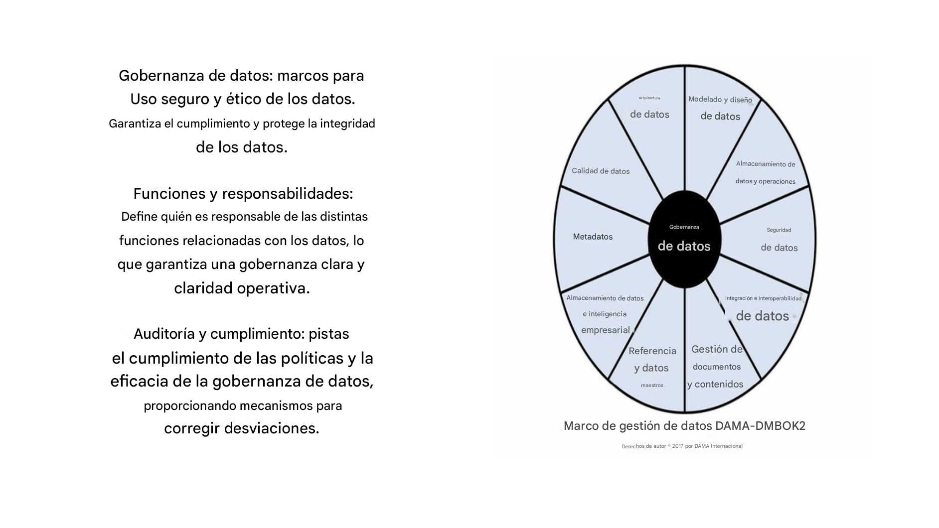 Representación gráfica circular que muestra los elementos de la Gobernanza de datos