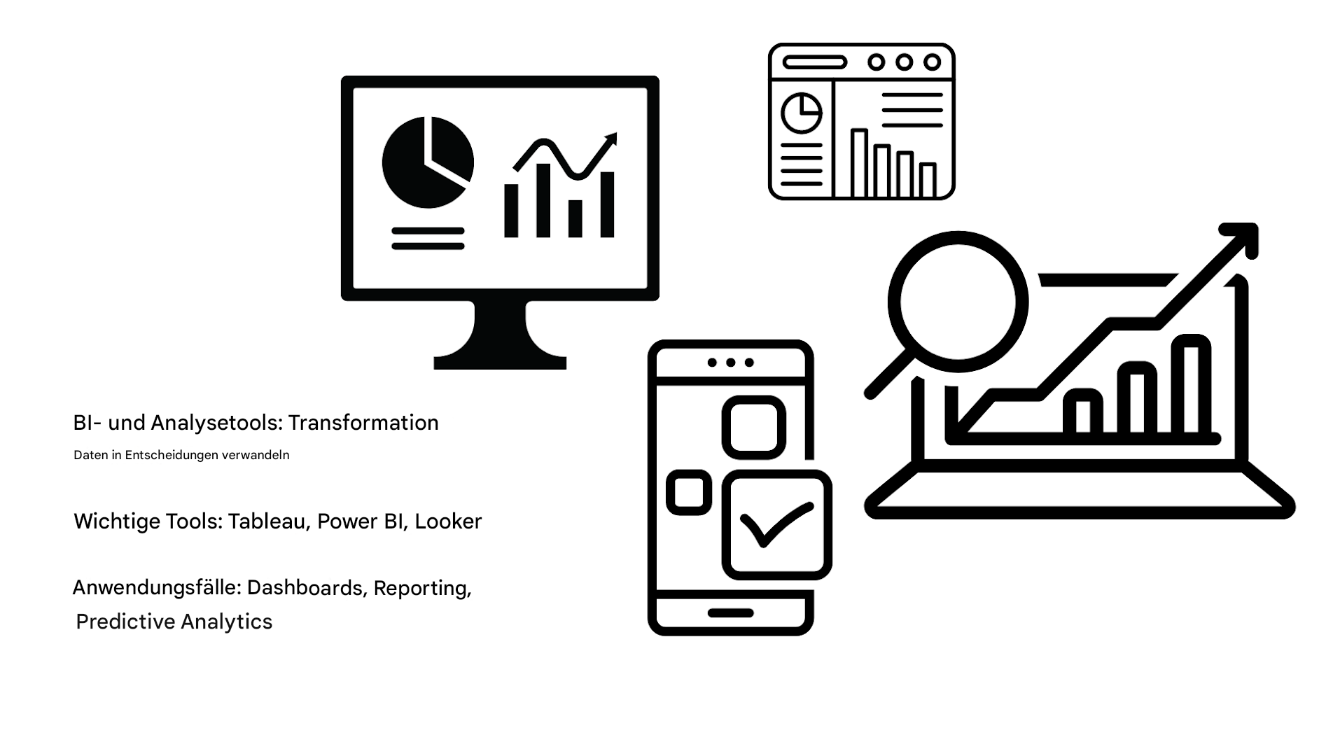 Bilder von Computer- und Mobilgerätebildschirmen mit Kreis- und Liniendiagrammen