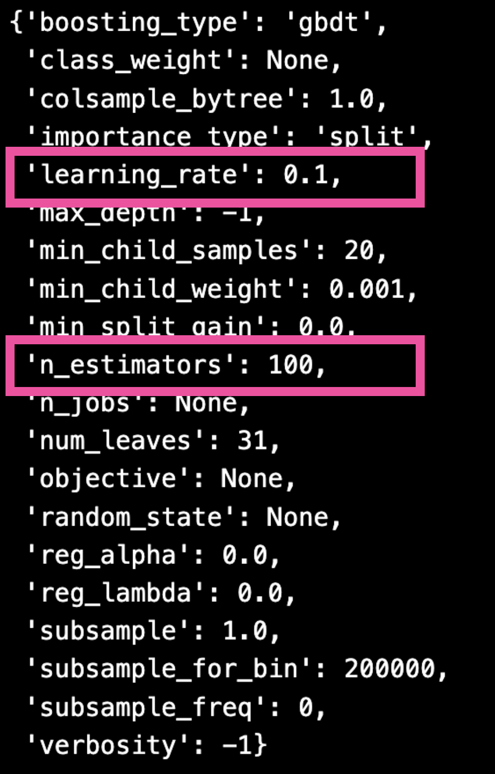lightGBM hyperparameters used with learning_rate and n_estimates highlighted
