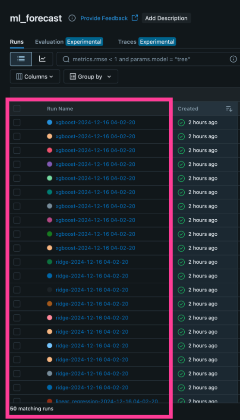 MLFlow UI with run names highlighted