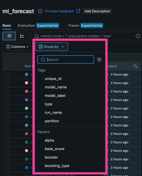 MLFlow UI with Group By option highlighted