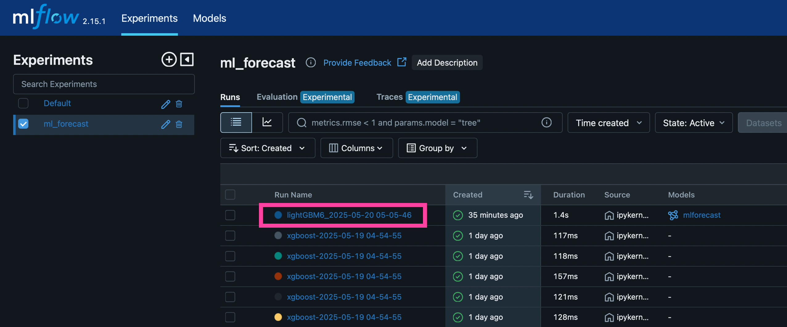 Model registry with run name highlighted