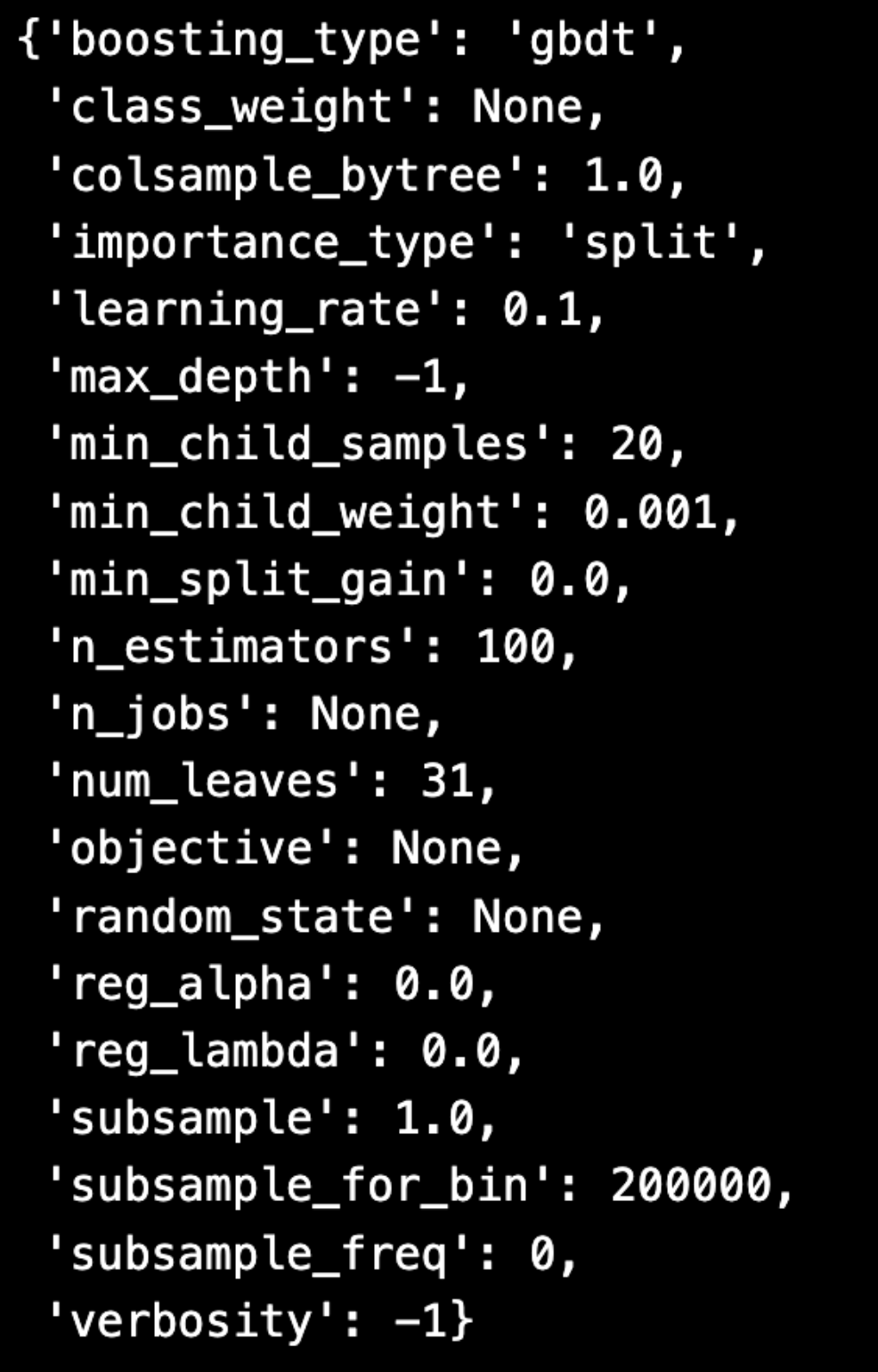 lightGBM hyperparameters used