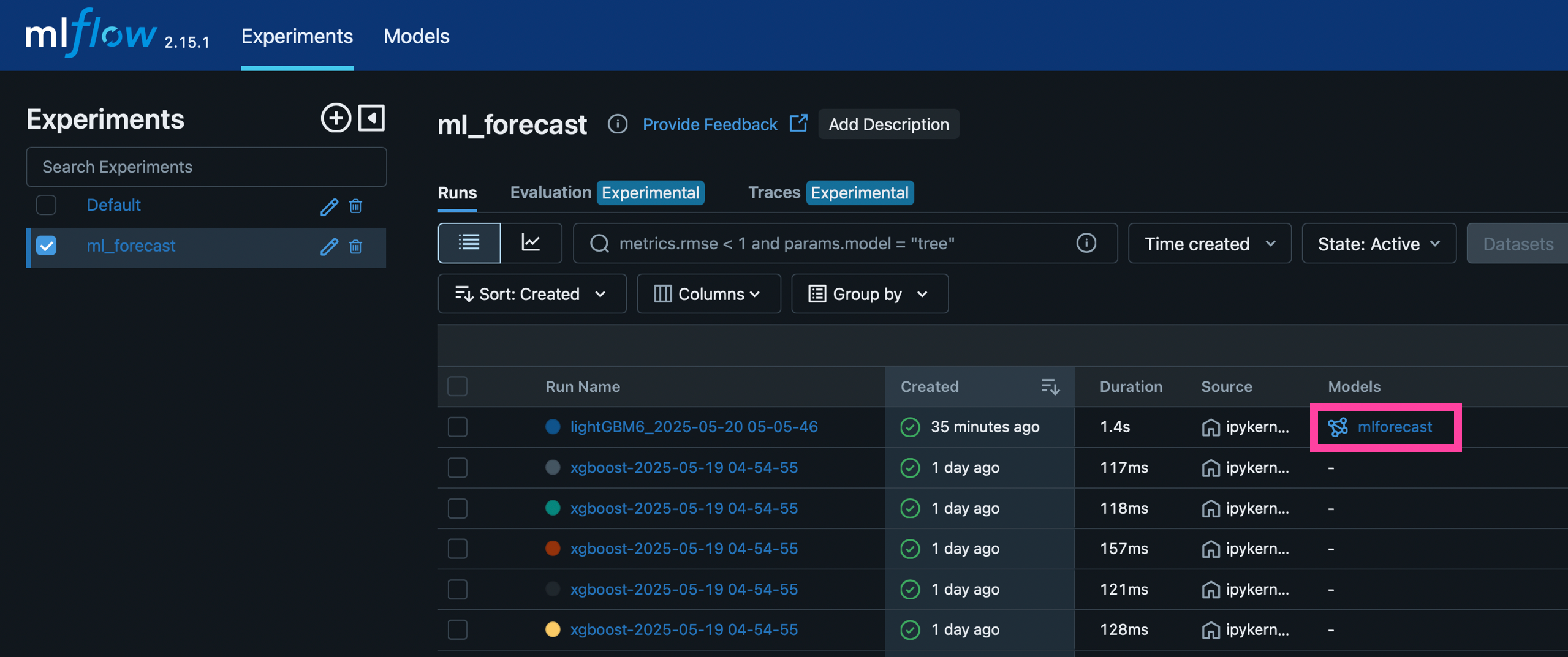 Model registry with model name highlighted