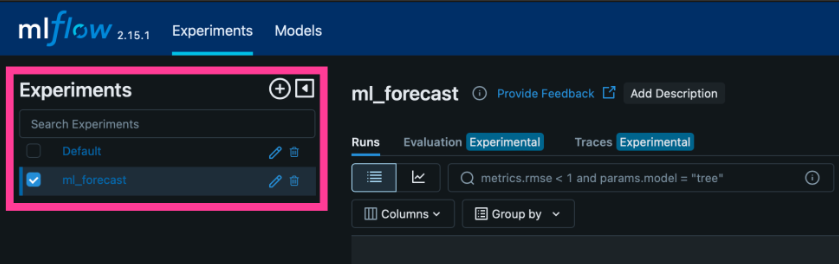 MLflow UI - Experiments section highlighted, with options of Default and ml_forecast
