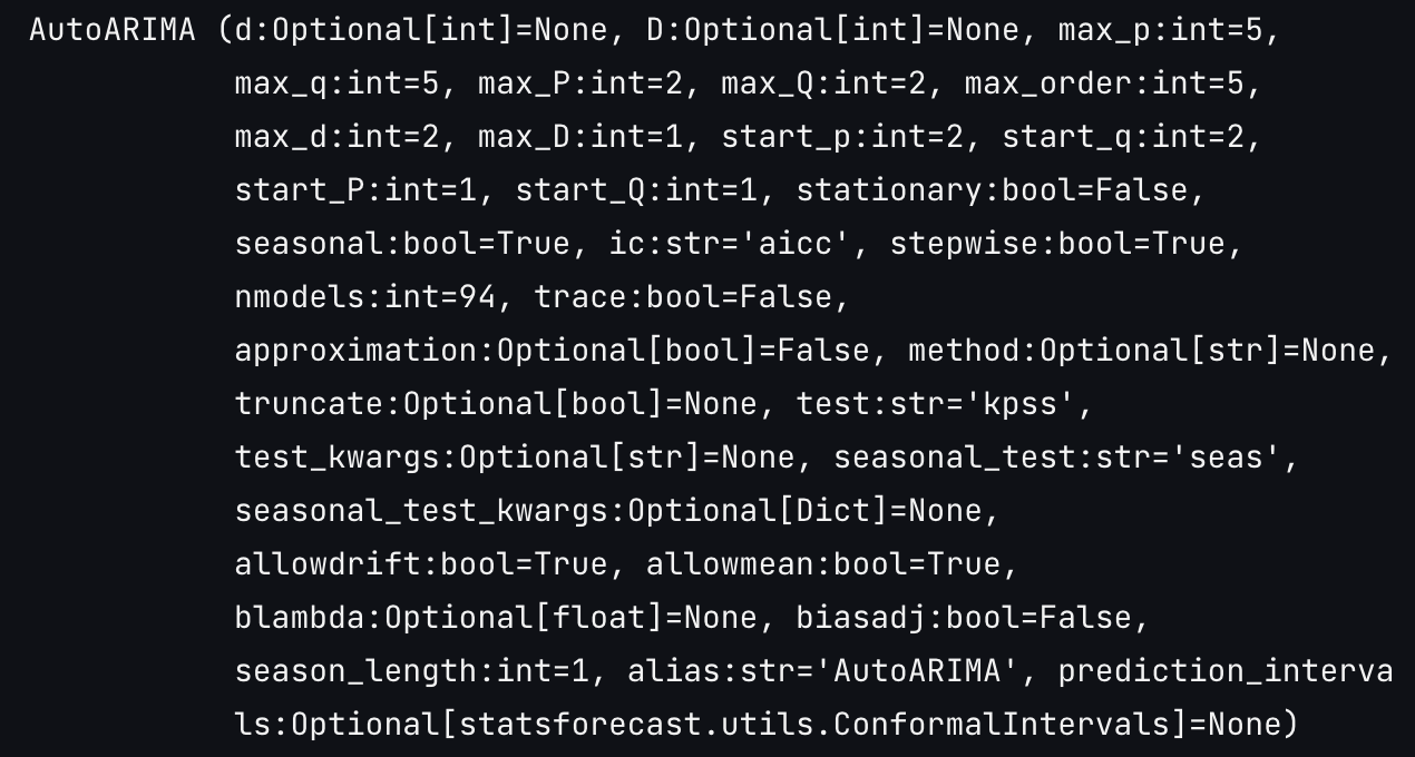 AutoARIMA documentation displaying several arguments that can be used when instantiating the model