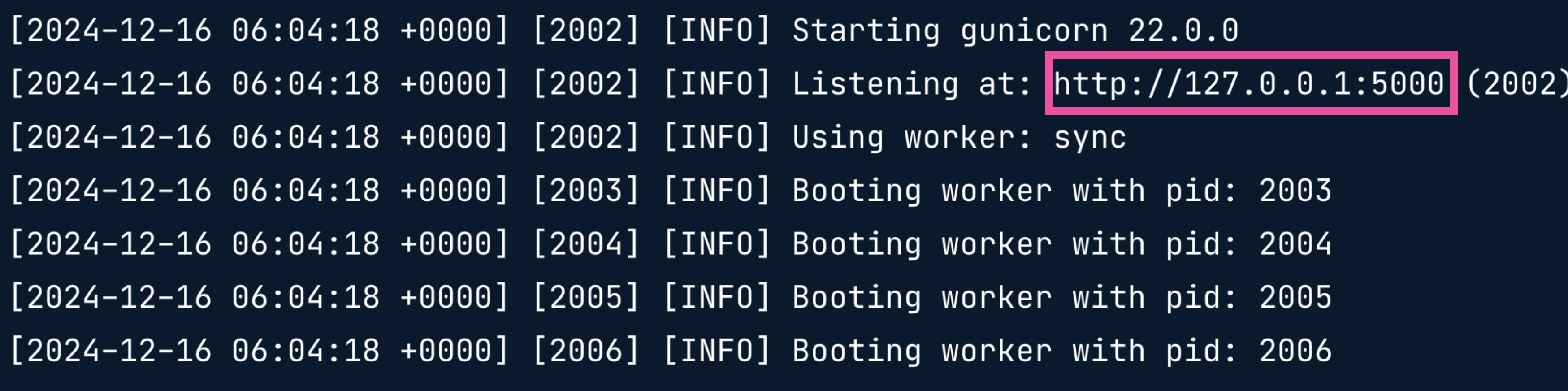 Terminal output with the port http://127.0.0.1:5000 highlighted