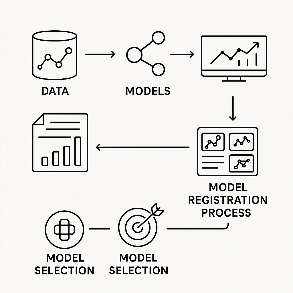 A typical workflow covering data > modeling > model registration > model selection