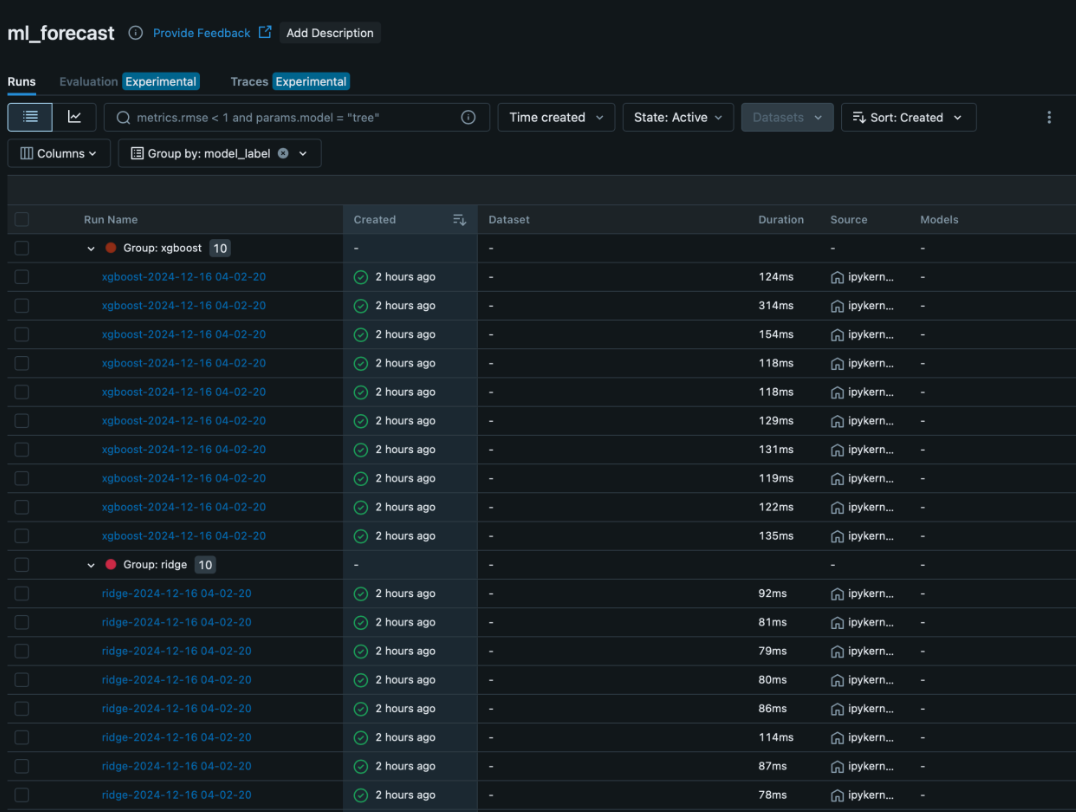 MLFlow UI with runs listed