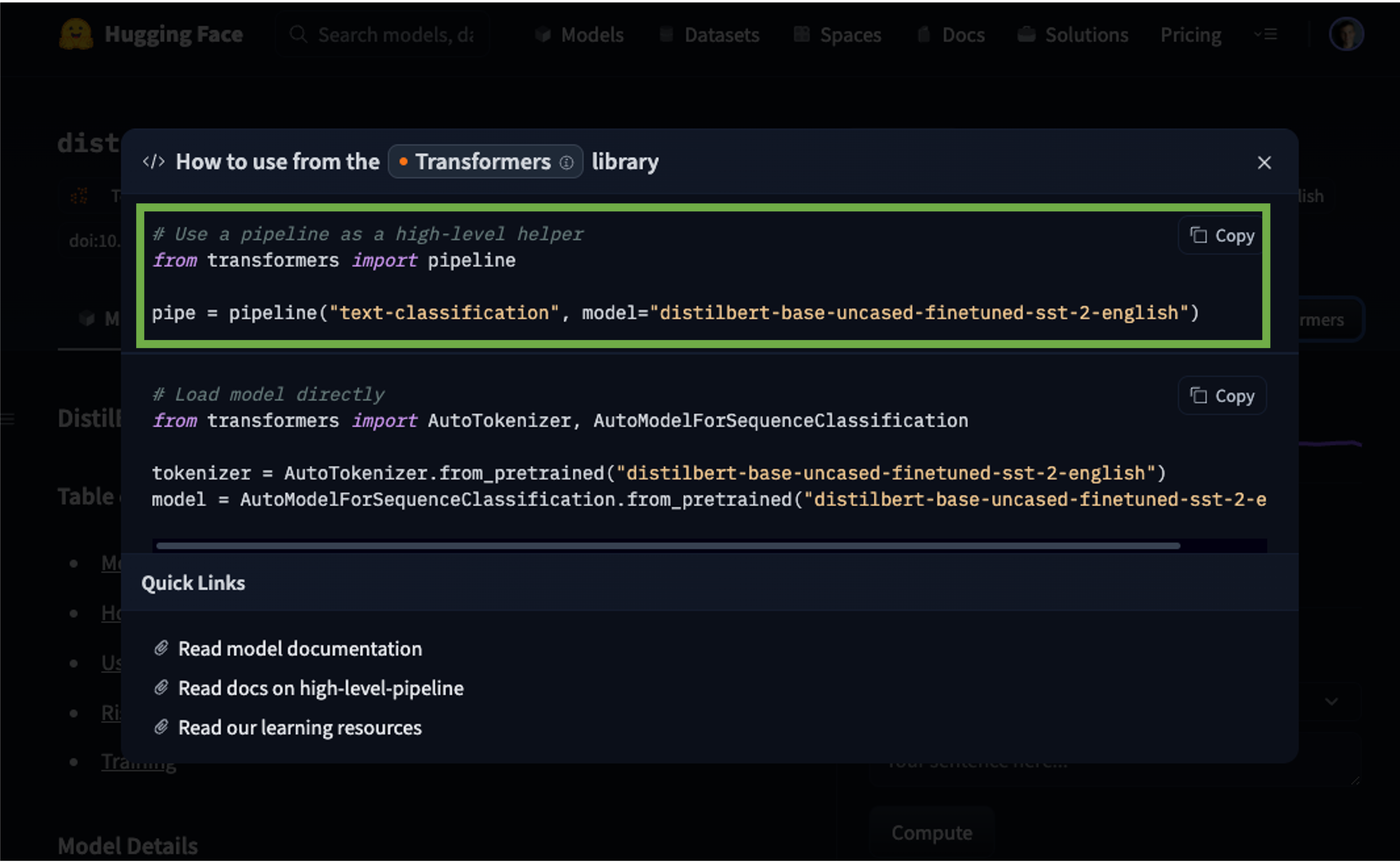 Screenshot of Hugging Face showing instructions for transformers
