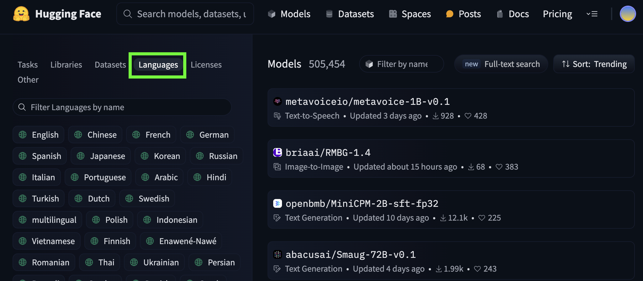 Hugging Face Model Hub highlighting the language filters