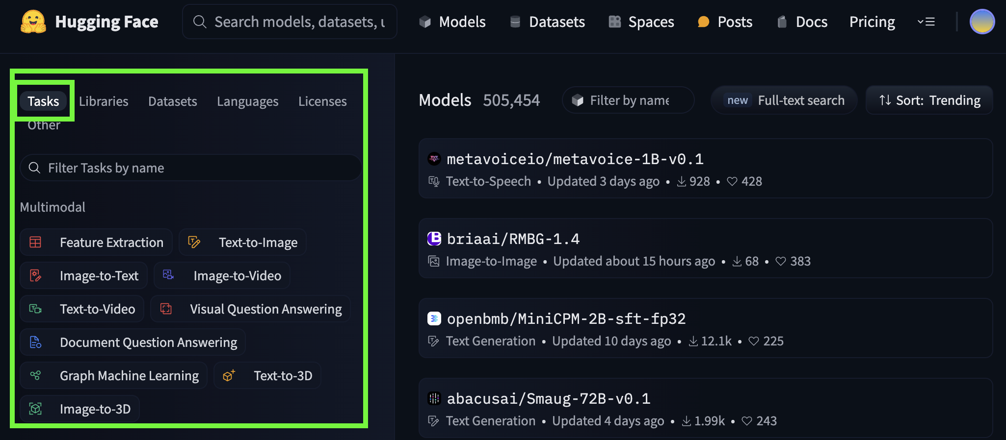 Hugging Face Model Hub highlighting the filter