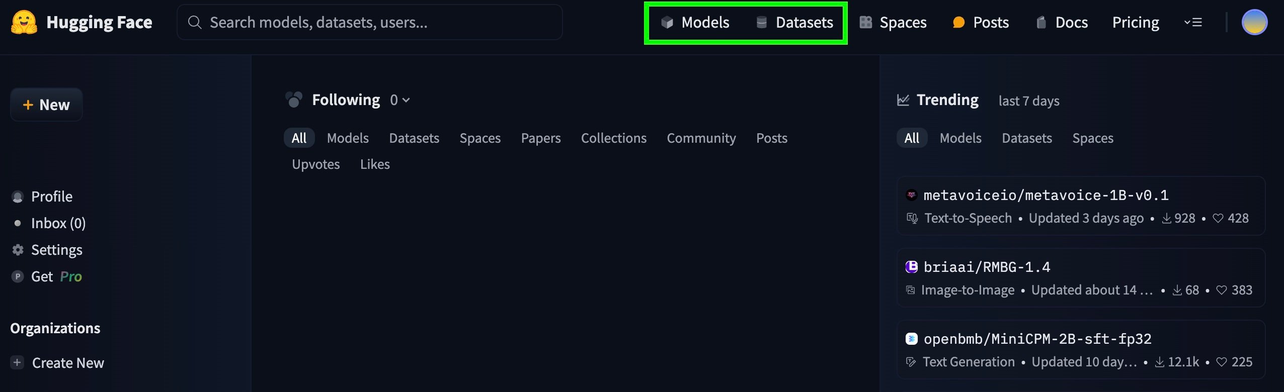 Hugging Face Hub top navigation