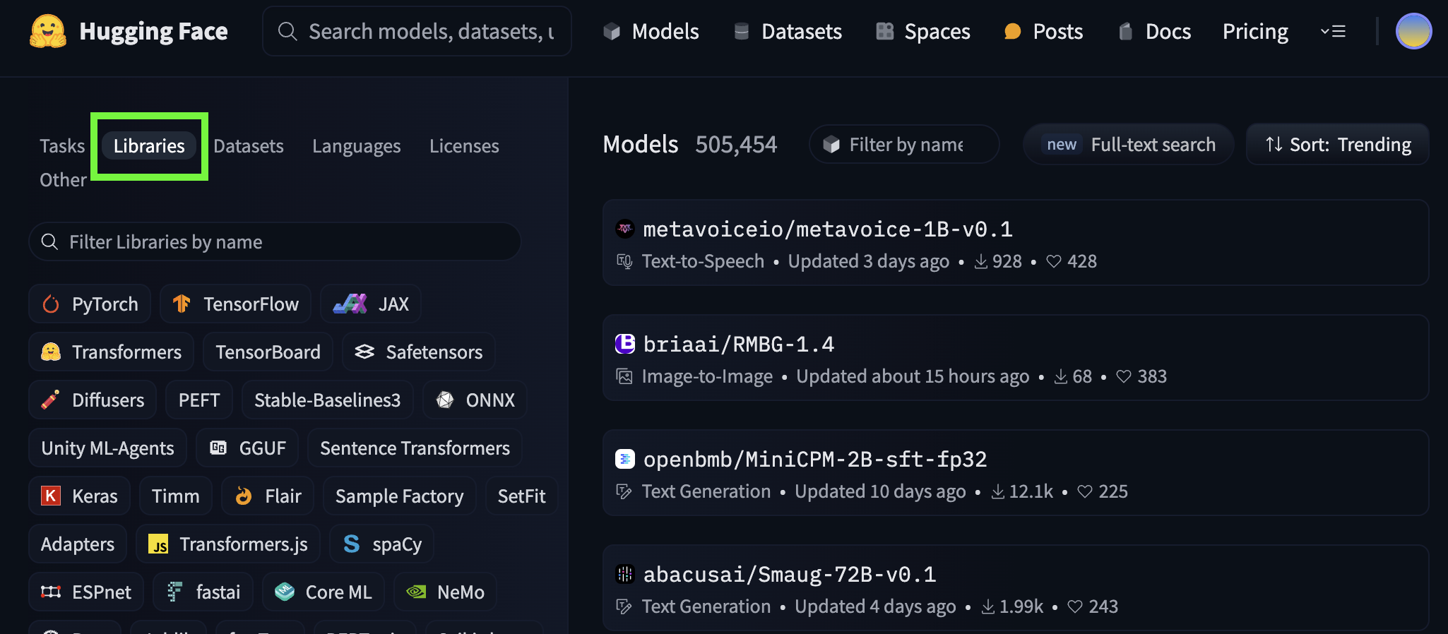 Hugging Face Model Hub highlighting the libraries filter section