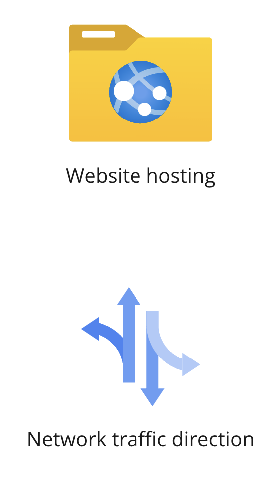 Two icons showing website hosting and network traffic direction.