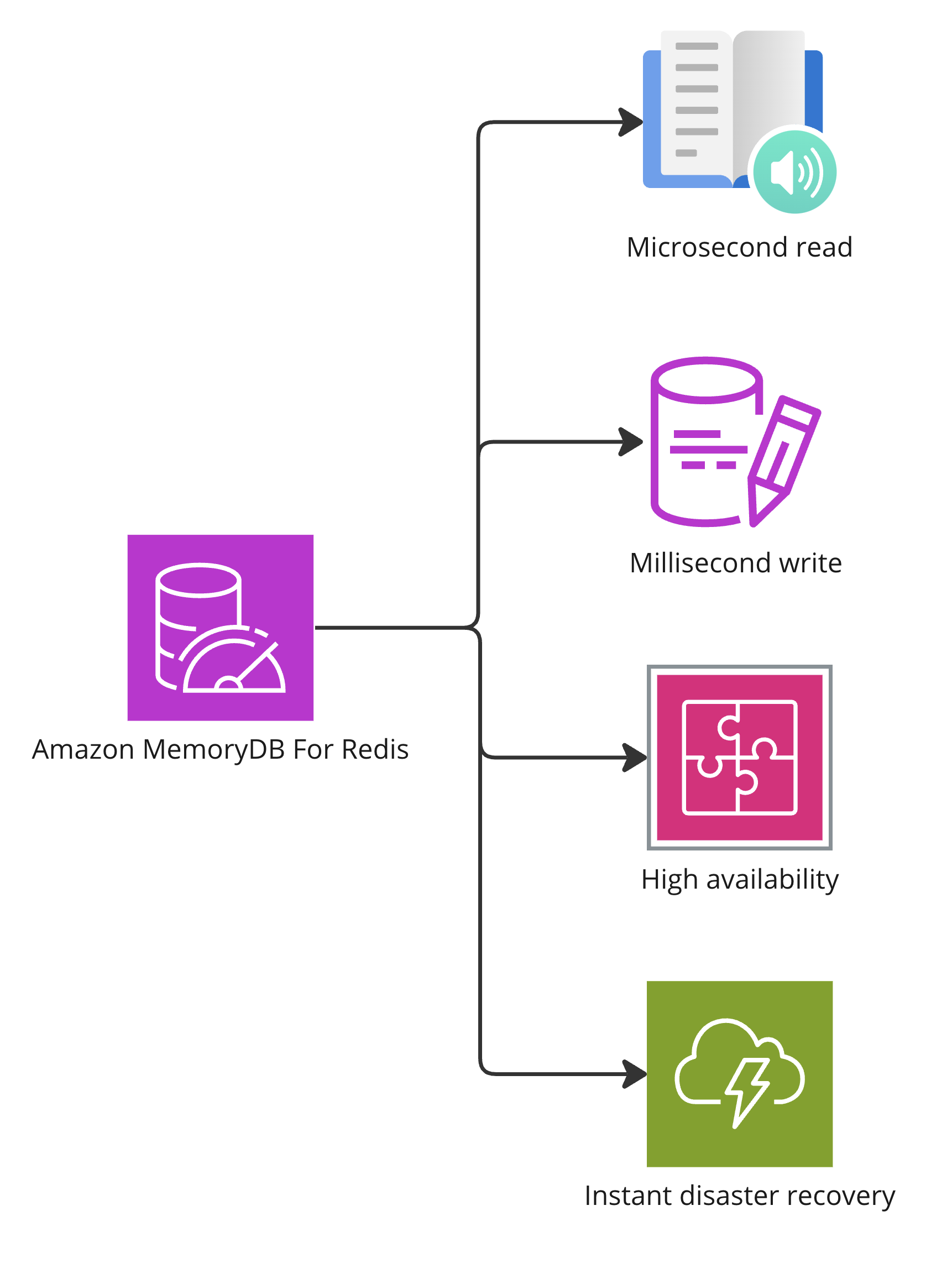 A branched diagram highlighting the features of MemoryDB for Redis.