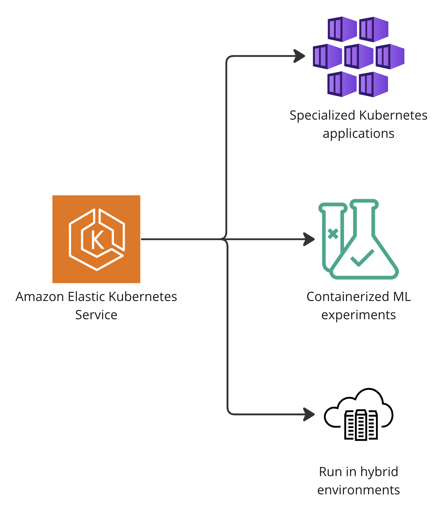 A branched diagram highlighting Elastic Kubernetes Service support for kubernetes, machine learning, hybrid environment applications.