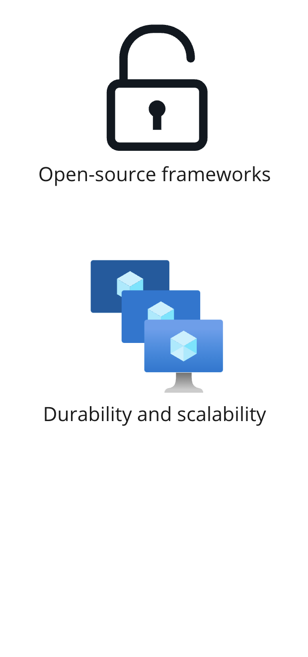 Two icons showing open source frameworks and durability and scalability.