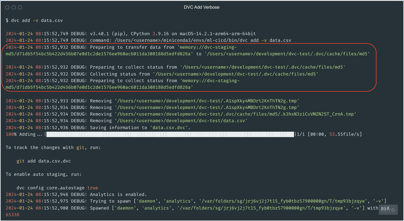Image of output from running dvc add with -v flag