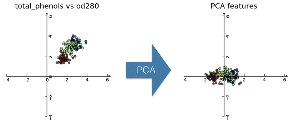 scatter plot of wines data with rotated axes